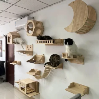 Wall-Mounted Cat Climbing Cat Trees Tower and Scratching Post Cats Hammock Jumping Platform with Pedals Wall Wooden Furniture