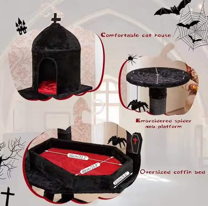 Black Gothic Cat Tower Coffin Bed Condo Scratching Posts Spider Ball Multi-Level Furniture Halloween Cat Tree - Image 3