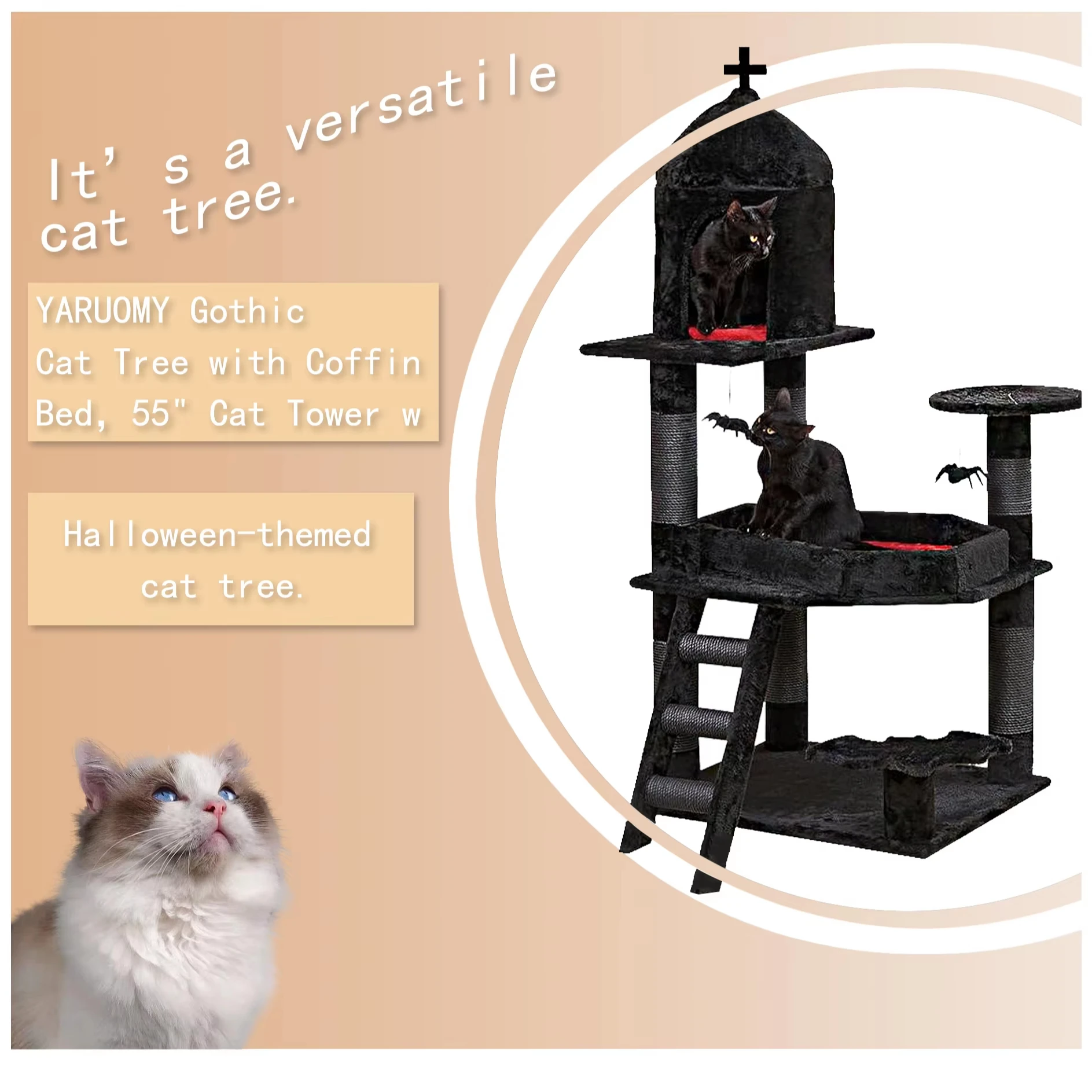Black Gothic Cat Tower Coffin Bed Condo Scratching Posts Spider Ball Multi-Level Furniture Halloween Cat Tree - Image 2