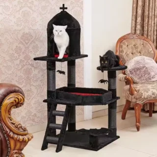 Black Gothic Cat Tower Coffin Bed Condo Scratching Posts Spider Ball Multi-Level Furniture Halloween Cat Tree