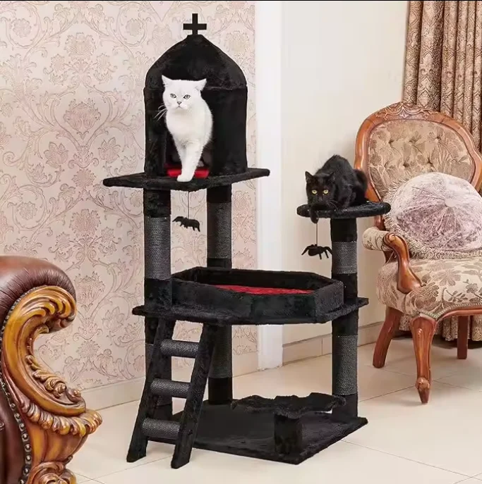 Black Gothic Cat Tower Coffin Bed Condo Scratching Posts Spider Ball Multi-Level Furniture Halloween Cat Tree