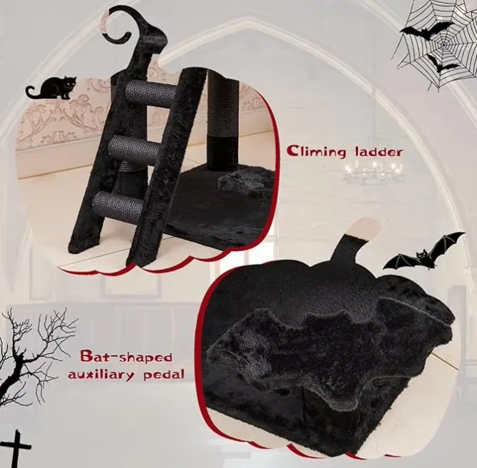 Black Gothic Cat Tower Coffin Bed Condo Scratching Posts Spider Ball Multi-Level Furniture Halloween Cat Tree - Image 5